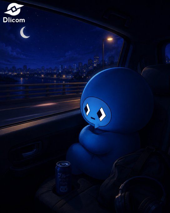A blue mascot character sitting in a car at night looking out at a cityscape with a crescent moon, featuring 'Dlicom' branding and a drink can with Japanese text.