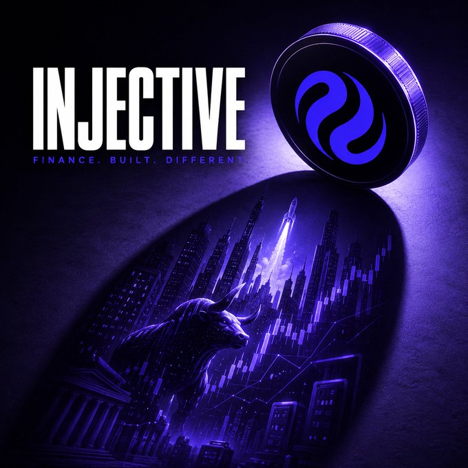 A promotional graphic for Injective cryptocurrency with the tagline 'FINANCE. BUILT. DIFFERENT.' featuring a stylized coin, a bull, a cityscape, and a rocket in purple tones.