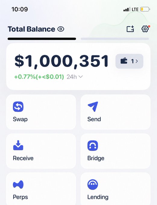 A Rabby wallet mobile app screenshot displaying a Total Balance of $1,000,351 with a +0.77% gain over 24 hours, showing quick-action options like Swap, Send, Receive, Bridge, Perps, and Lending—visually confirming the poster's excitement over receiving a $1,000,000 deposit in their wallet.