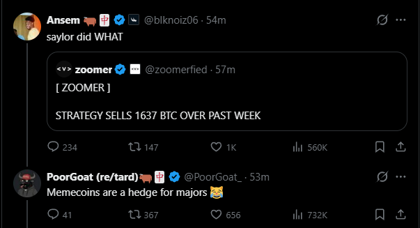A screenshot of X posts showing @blkn oiz06 (Ansem) reacting in disbelief to @zoomerfied reporting that Strategy sold 1,637 BTC over the past week, with @PoorGoat_ cheekily commenting "Memecoins are a hedge for majors" — highlighting PoorGoat's confident one-liner against Ansem's surprised reaction.