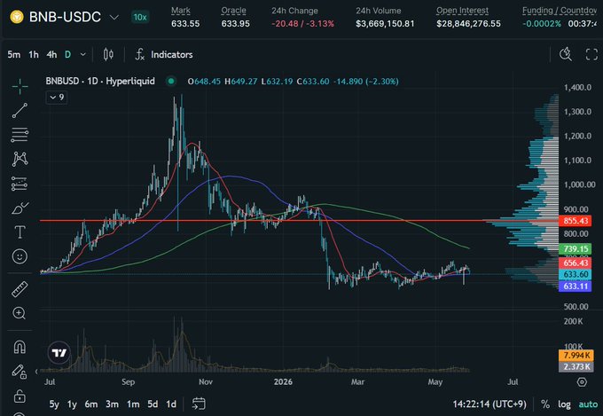 The image depicts a chart with black, white, blue, red, green, orange lines representing changes in BNB's stock price over time. The chart has various data points connected by these lines, showing fluctuations in the stock's value. The title of the post that accompanies the image reads "BNB USDC chart: the way BNB's chart looks like it's telling the story of the end of crypto the most." This statement suggests a connection between the current state of the BNB stock and the concept being referred to in the text - the end of cryptocurrency.