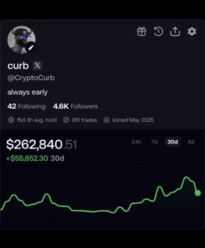 A crypto portfolio tracker dashboard for the user 'curb' (@CryptoCurb) showing a 30-day portfolio value of $262,840.51, up $55,852.30, represented by a rising green line graph.