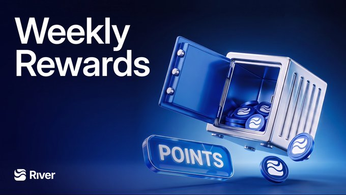 A promotional graphic with 'Weekly Rewards' text features a blue 3D box containing glowing blue coins, alongside a 'POINTS' button and the River logo.