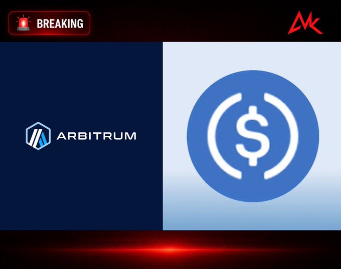 Breaking news graphic featuring the 'ARBITRUM' logo on a dark blue background alongside a blue circular icon containing a white '$' (dollar) symbol.