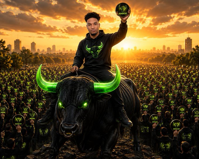 A stylized digital artwork depicting a young man in a black 'ANSEM' hoodie riding a massive black bull with glowing green horns, set against a sunset cityscape with a crowd wearing matching green bull-logo hoodies.