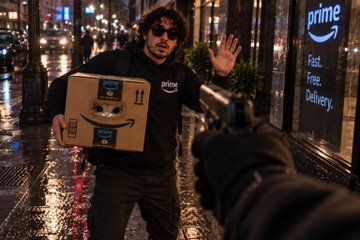 A nighttime street scene showing an Amazon delivery driver in a vest holding an Amazon box, waving with one hand, while another person's arm with a gun is pointed at him from the foreground.
