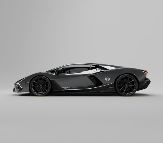 A black Lamborghini Revuelto sports car is displayed in profile against a gray background, featuring a circular "M" logo on the side door and "MOTORIVER" text near the lower body panel. The sleek supercar imagery visually reinforces the post's message about building an interoperable gaming universe and #DVCulture, with the high-performance vehicle serving as a symbol of premium digital ownership and cross-game assets.