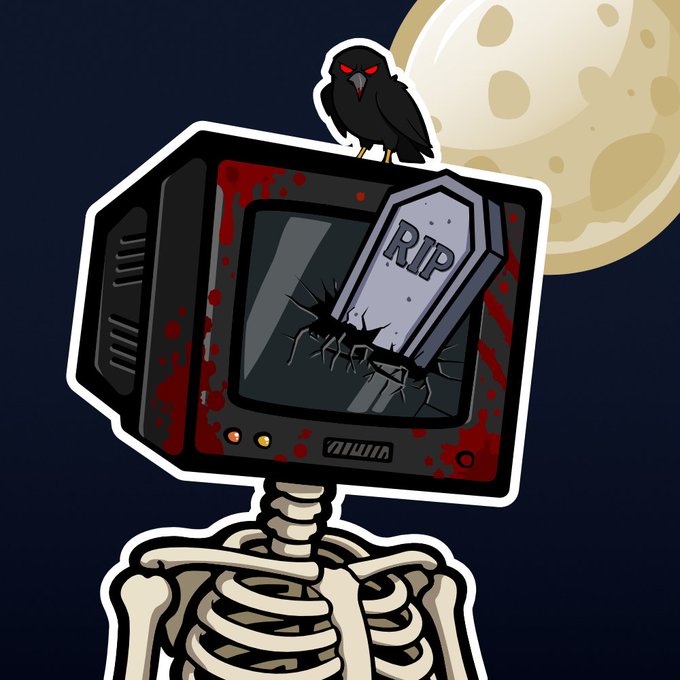 A cartoon illustration of a skeleton with a cracked computer monitor for a head displaying 'RIP' on a tombstone graphic, with a black raven perched on top, set against a moonlit background.