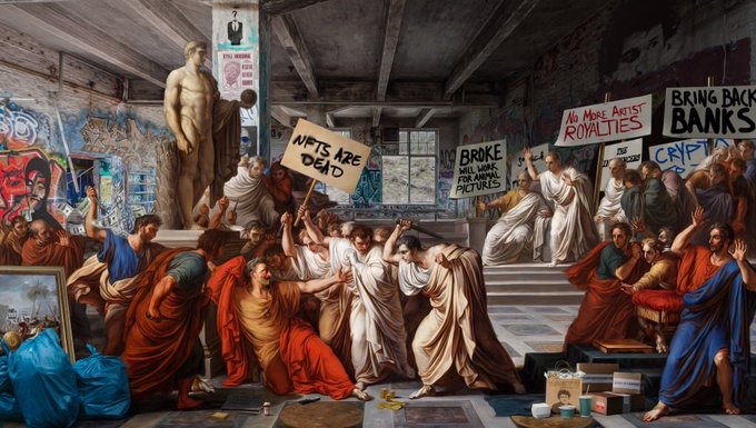 A classical painting depicting a Roman senate scene has been edited with modern protest signs reading 'NFTS ARE DEAD', 'NO MORE ARTIST ROYALTIES', 'BROKE MF SELL NFT APES INSTEAD OF PICTURES', 'BRING BACK BANKS', and 'CRYPTO'.