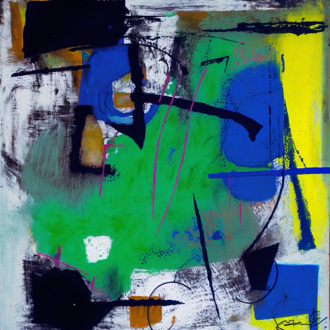 An abstract expressionist painting featuring bold brushstrokes in vibrant green, blue, yellow, black, and pink on a white background.