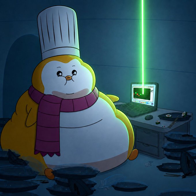 An illustration of a chubby penguin wearing a chef's hat and scarf, sitting next to a laptop displaying a chart with a green laser beam, surrounded by sushi dishes.
