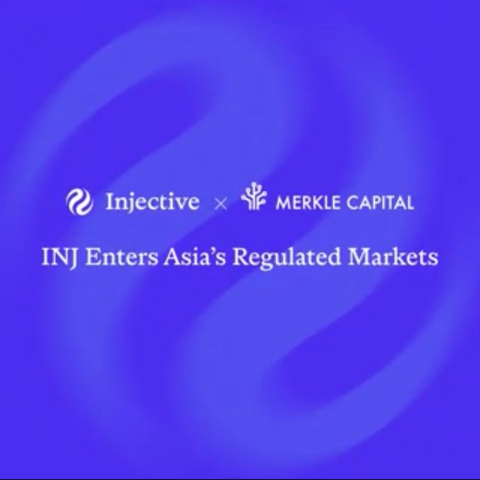 The image features two logos, one blue and one white, placed side by side with a purple background. The text "Injective" is written in black at the top of the image, while "Merkle Capital" is displayed below it in white. Below these two logos, there are three lines of text that read: "INJECTIVE x INJECTS ASIA'S REGULATED MARKETS", "INJECTIVE x INJECTS ASIA'S REGULATED MARKETS", and "focus on what is in the image and how it relates to the post". The text seems to be discussing a regulated fund manager's choice of investing in certain crypto assets.