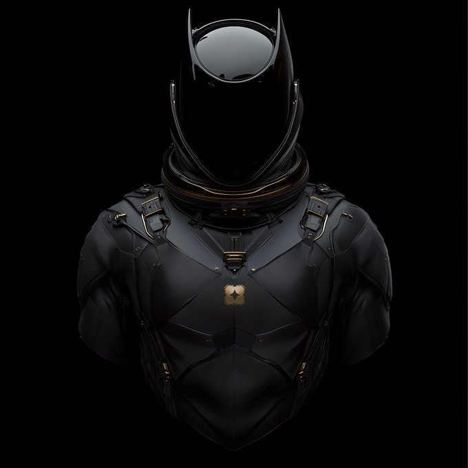 A futuristic black and gold armored suit or bust with a sleek helmet, displayed against a pure black background, featuring geometric paneling and a small gold emblem on the chest.