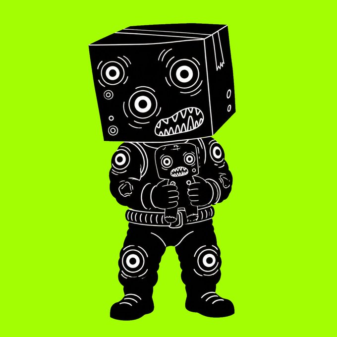 A black silhouette illustration of a figure with a boxy, monstrous head and multiple eyes on a bright green background.