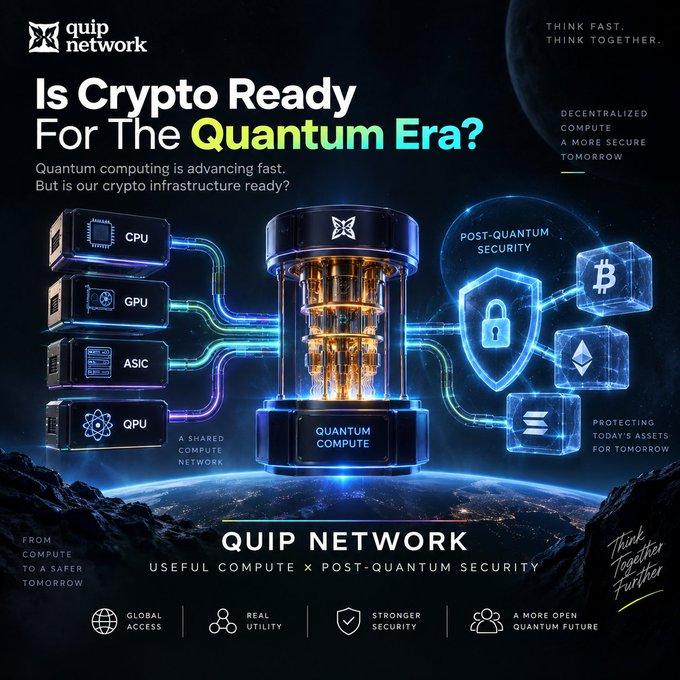 A marketing banner for Quip Network asking 'Is Crypto Ready For The Quantum Era?' featuring diagrams of CPUs, GPUs, ASICs, and QPUs connected to quantum computing security and cryptocurrency symbols.