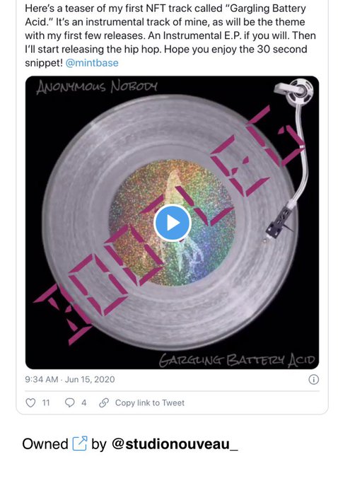 A tweet from @studionouveau_ sharing a teaser of an NFT track called 'Gargling Battery Acid' by Anonymous Nobody, featuring an image of a turntable with 'HIDDEN' written across it.