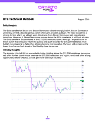 Another technical analysis document titled 'BTC Technical Outlook' dated August 2026 features commentary on the orderly resolution of the daily chart and Bitcoin dominance, with a corresponding price chart.