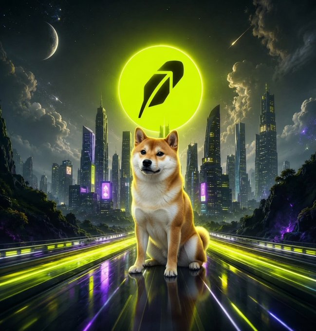 A Shiba Inu sits on a neon-lit highway in front of a futuristic cyberpunk city skyline, with a glowing green moon behind it displaying the Robinhood logo—a feather symbol. The image visually ties into the post's message about holding $DOGE on the Robinhood app, using the dog and Robinhood branding to emphasize the caption's call to disable the sell button and HODL.