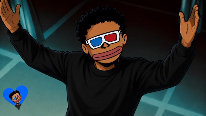 Animated cartoon character with 3D glasses and puckered lips wearing a black sweater with arms raised, with a small heart-shaped icon in the corner.