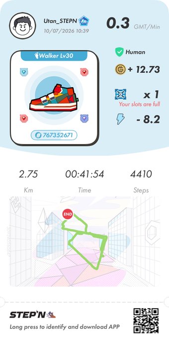 A STEPN app screenshot showing a 'Walker Lv30' profile named 'Utan_STEPN' with a red sneaker NFT, displaying 2.75 Km, 00:41:54 Time, and 4410 Steps, earning 0.3 GMT/Min.