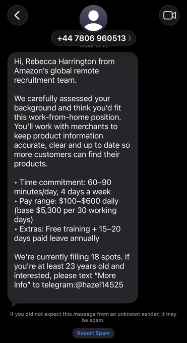 A screenshot of a spam text message claiming to be from Amazon's recruitment team, offering a work-from-home position and directing to a Telegram account.