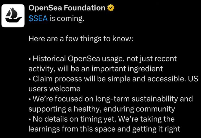 A tweet from OpenSea Foundation (verified) announcing '$SEA is coming,' detailing that historical OpenSea usage will factor in, the claim process will be accessible to US users, and details on timing are forthcoming.