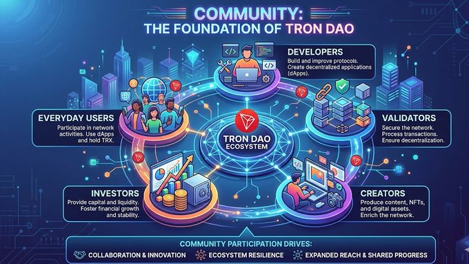 The image depicts a vibrant and colorful logo for a cryptocurrency called TRON DAO. The logo features a large circle with a detailed network map inside of it, representing the interconnectedness of various stakeholders within the TRON DAO community. Above this circular structure is the text that reads "Community". Below it are several illustrations depicting different roles or functions such as Developers, Investors, Validates, Creators, and more, illustrating their unique contributions to the ecosystem.
