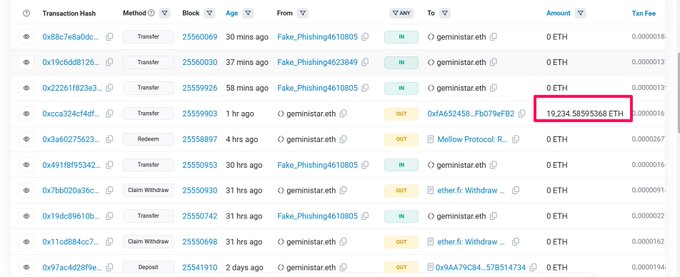 A blockchain transaction history table (Etherscan-style) showing transfers from 'Fake_Phishing4610805' and 'geministarr.eth', with one outgoing transaction highlighted in a red box showing 19.23458595368 ETH.