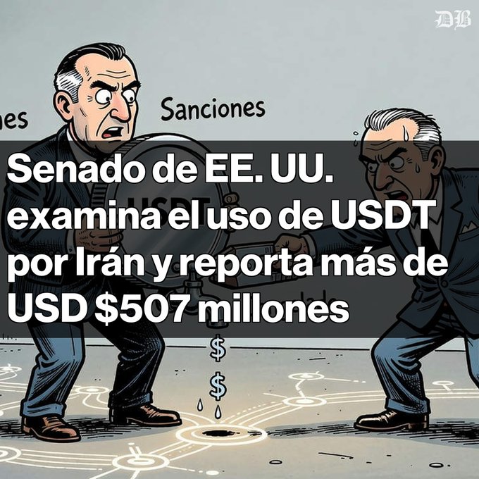 A political cartoon depicts two men in suits struggling over a barrel marked 'USDT', with Spanish text stating 'Senado de EE. UU. examina el uso de USDT por Irán y reporta más de USD $507 millones'.
