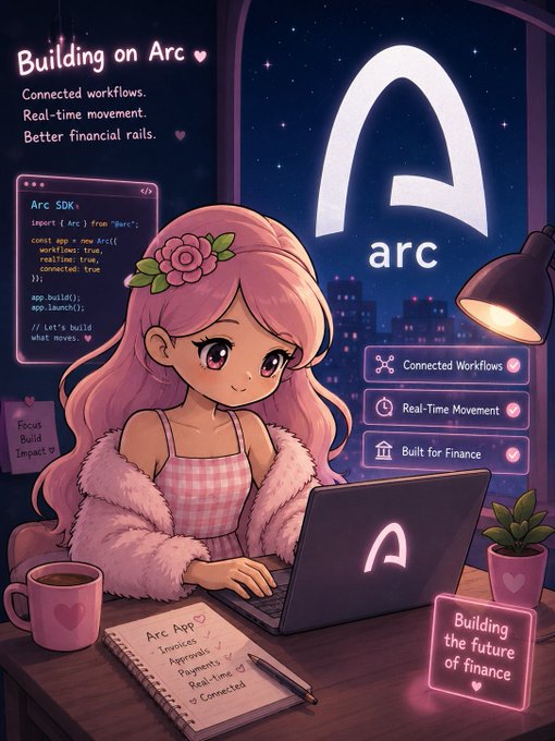 An anime-style promotional illustration for 'Arc' featuring a pink-haired character coding on a laptop, highlighting features like 'Connected workflows', 'Real-time movement', and 'Better financial rails'.