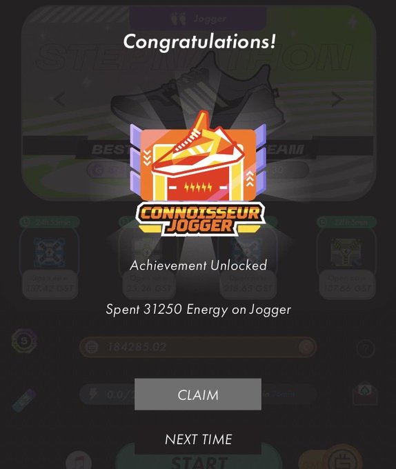 A mobile game achievement screen displaying 'Congratulations! CONNOISSEUR JOGGER Achievement Unlocked - Spent 31250 Energy on Jogger' with a sneaker reward box.
