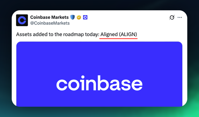 A tweet from Coinbase Markets (@CoinbaseMarkets) announces that Aligned (ALIGN) has been added to its asset roadmap, signaling an upcoming token generation event (TGE) for the project.