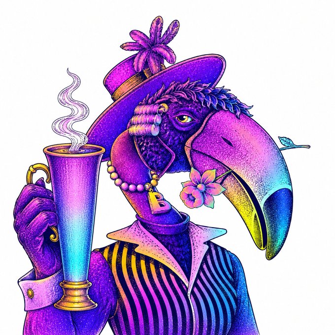 A vibrant anthropomorphic toucan dressed in dapper attire—striped vest, purple jacket, and feathered hat—holds a steaming goblet, wearing a "G" pendant necklace. The colorful, whimsical illustration complements the "gm" (good morning) greeting in crypto culture, embodying the cheerful, ritualistic spirit of the community's daily check-in.