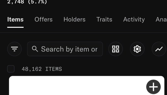 A screenshot of a digital marketplace interface with tabs for Items, Offers, Holders, Traits, and Activity, showing 48,162 items and a search bar.