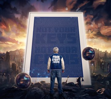 Digital artwork of a person in a varsity jacket standing before a glowing 'NOT YOUR NEWS' billboard in a post-apocalyptic cityscape at sunset, surrounded by floating spheres.