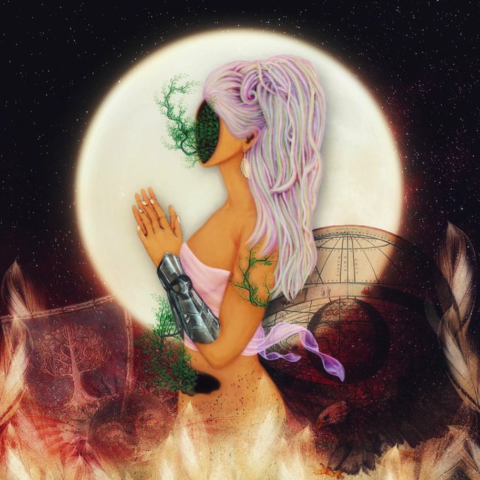 A surreal illustration of a woman with purple hair and a green blindfold standing before a full moon, with feathers and fiery elements surrounding her.