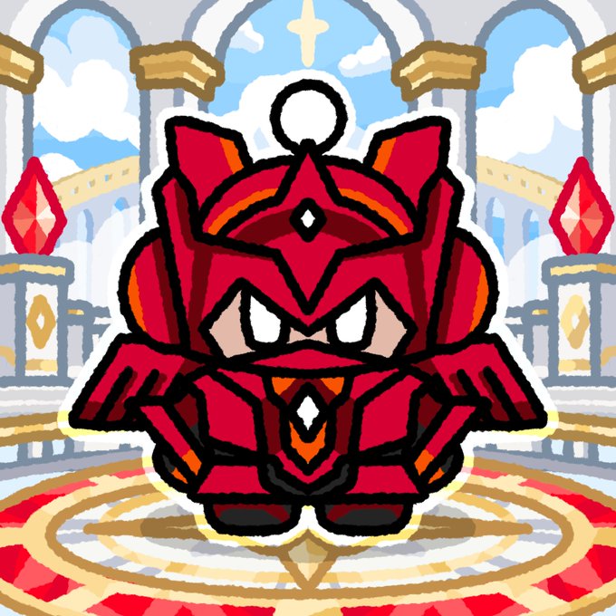 A chibi-style sticker illustration of a character in red samurai-like armor with a ring on its head, set against a celestial palace background.