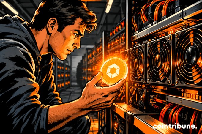 An illustrated miner holds a glowing coin featuring the Qubic (QUBIC) emblem while examining cryptocurrency mining rigs in an orange-lit server facility, with the Cointribune logo visible in the bottom right corner. The artwork visually reinforces the guide's message that Qubic offers an accessible mining alternative that contrasts with traditional industrial setups requiring specialized hardware.