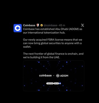 A screenshot of a Coinbase (@coinbase) tweet announcing that Coinbase has established Abu Dhabi (ADGM) as its international tokenization hub and acquired an FSRA license to bring global securities onchain to anyone with a wallet, featuring a Coinbase x ADGM graphic.