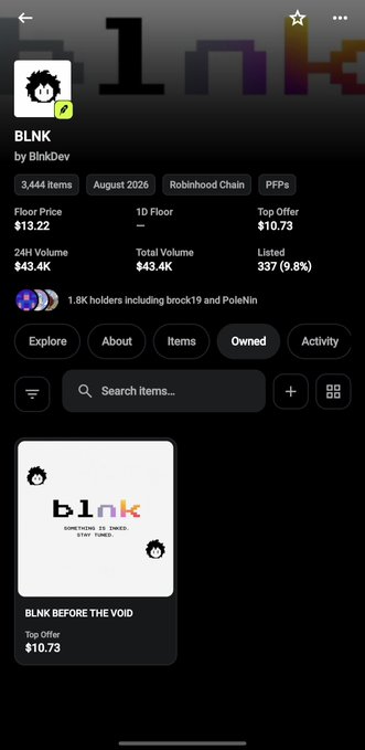 An NFT marketplace page showing the BLNK collection by BlnkDev with 3,444 items, a floor price of $13.22, top offer of $10.73, and an item titled 'BLNK BEFORE THE VOID'.
