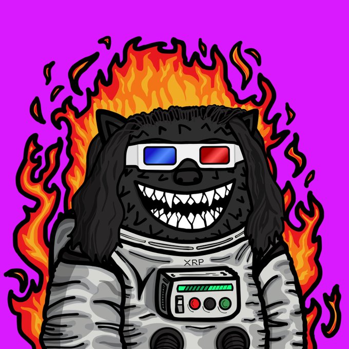 A cartoon black bear character with long black hair, a wide toothy grin, and red-and-blue 3D glasses floats inside an orange fiery background, wearing a spacesuit labeled "XRP" with a chest control panel. The image illustrates the post about a large Fuzzybears NFT purchase of ~6,000 XRP featuring the "David" hairstyle trait.