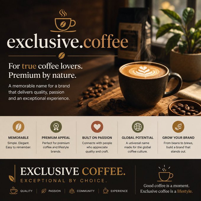 A promotional advertisement for the domain 'exclusive.coffee' with the tagline 'For true coffee lovers. Premium by nature,' featuring a steaming latte with leaf latte art, coffee beans, and five selling points (Memorable, Premium Appeal, Built on Passion, Global Potential, Grow Your Brand).