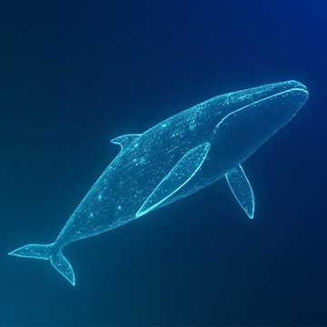 A glowing blue wireframe whale floats against a dark blue background, symbolizing a "crypto whale" as referenced in the post about a dormant Bitcoin wallet that just moved $184 million worth of BTC after nearly seven years of inactivity.