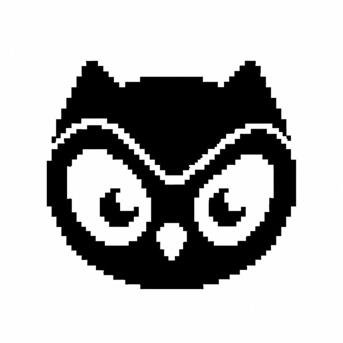 A pixelated black-and-white owl face with large round eyes and pointed ears, rendered in a blocky retro style that visually exemplifies "pixel mode."