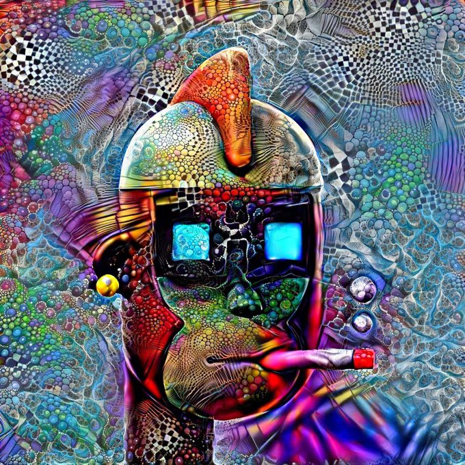 A vibrant, psychedelic digital artwork featuring a stylized face with sunglasses made of blue screens, smoking a cigarette, wearing a colorful cap, set against an intricate, fractal-like background of swirling patterns and bright colors.