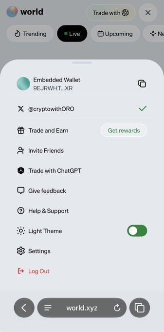 A mobile screenshot of the Worldcoin app menu showing an Embedded Wallet address (9EJRWHT...XR), username @cryptowithORO, and options including Trade and Earn, Invite Friends, and settings.