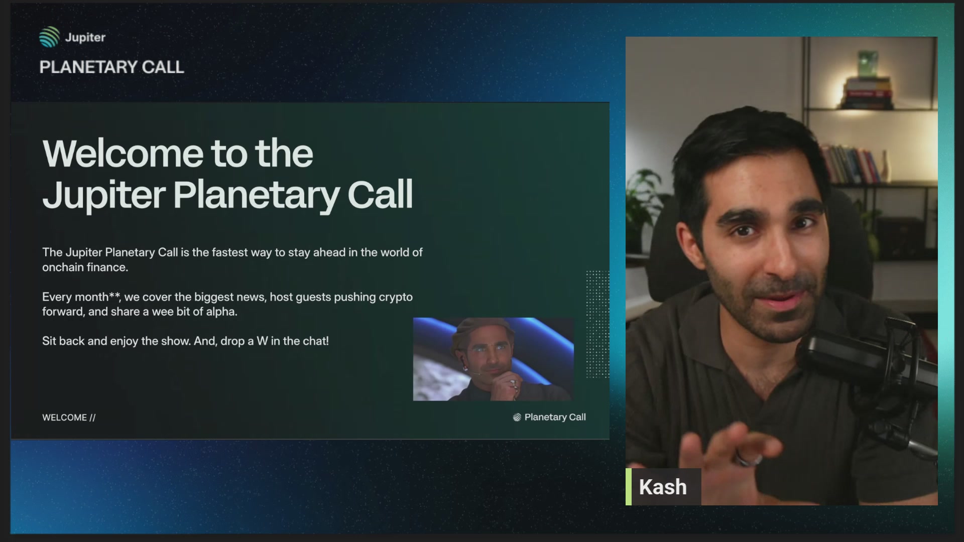 The image shows a man sitting behind a microphone, talking into it during an online call or webinar. The background of the image features a blue sky with stars, giving the impression that they are taking place at Jupiter's planetarium. There is also text on the screen in white and green colors, which appears to be related to the post about the Jupiter Planetary Call.