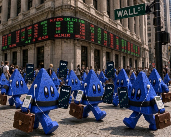 Surreal digital artwork depicting an army of blue star characters carrying briefcases and displaying 'NVIDIA' stock charts near a 'WALL ST' street sign.