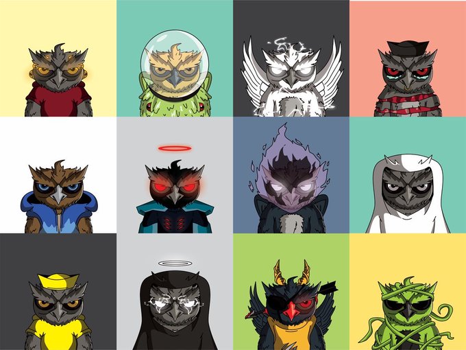 The image features a grid of 20 cartoon owl faces, each with unique characteristics such as different colored eyes or masks. The owls are arranged in four rows and five columns against a gray background. The caption below the image provides information about the giveaway and encourages viewers to follow the account @MutantOwls for more details on how to join the contest.