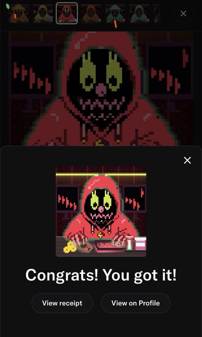 A mobile app screenshot showing a pixel art character in a red hoodie with a green skull face, with a popup reading 'Congrats! You got it!' and buttons for 'View receipt' and 'View on Profile'.